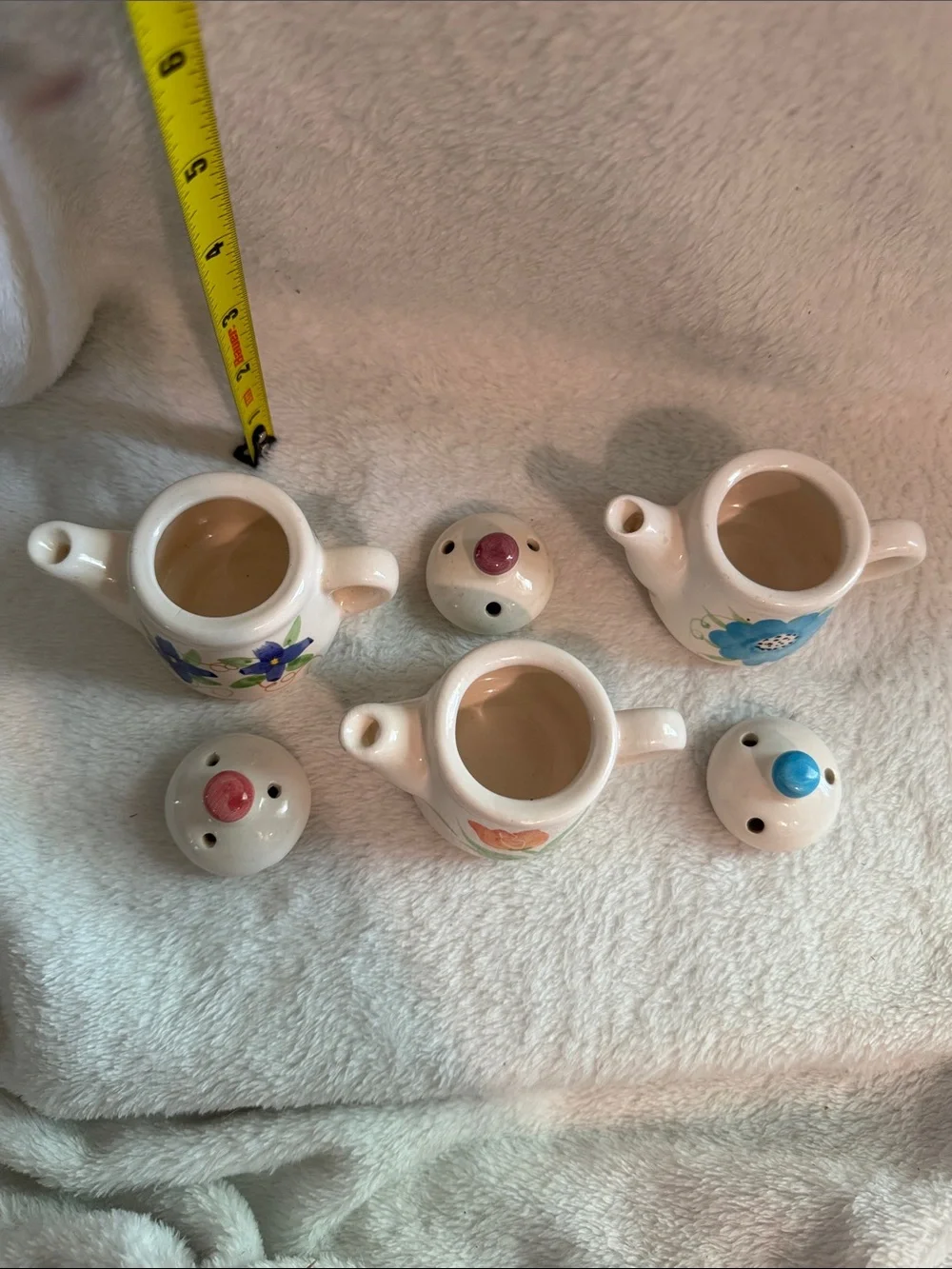 Bauer White Ceramic Mini Teapot Trio with Blue and Purple Floral Accents